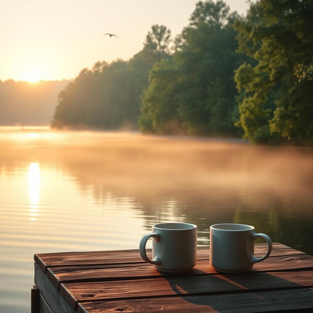 A tranquil morning scene depicting a serene sunrise over a calm lake surrounded by lush trees, with soft light reflecting on the water's surface