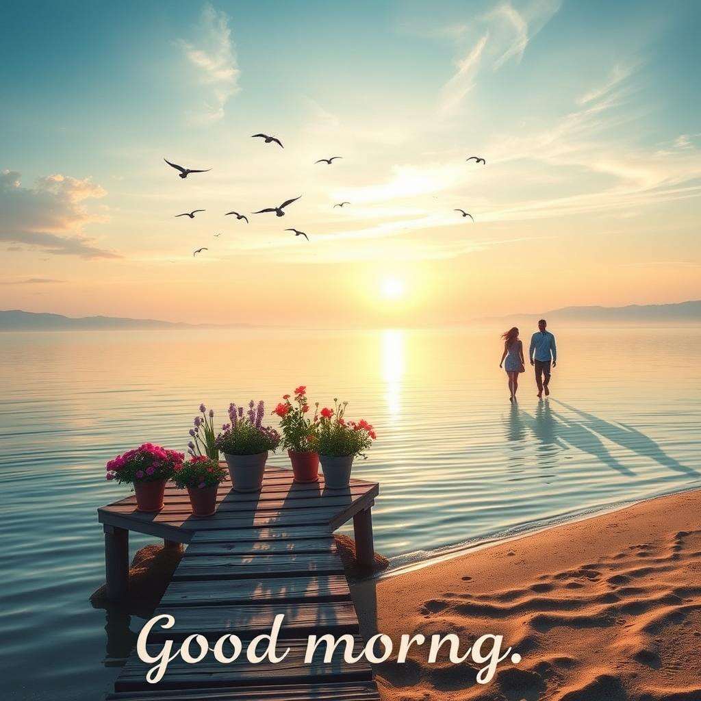 A serene morning scene depicting a beautiful sunrise over a calm lake, with soft pastel colors in the sky and gentle ripples on the water