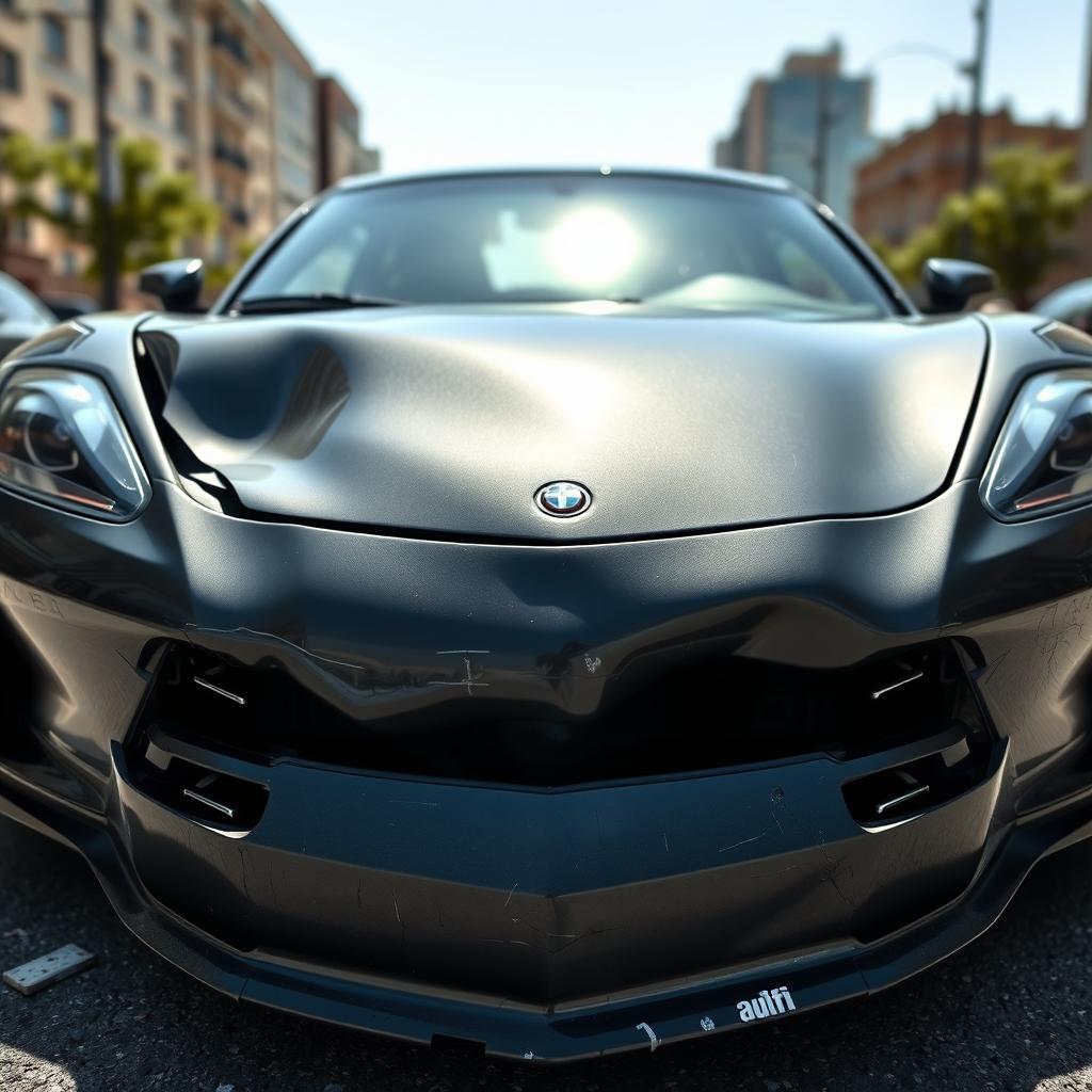 A front view of a sleek, modern sports car with visible damage on the front