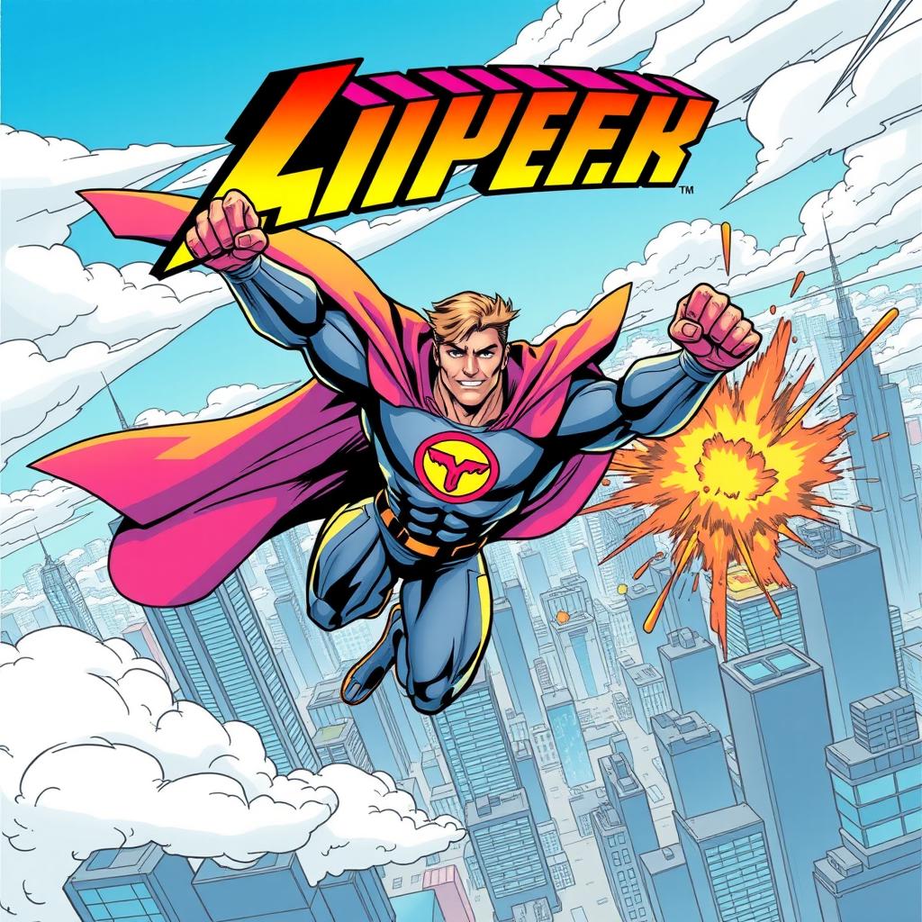 A dynamic superhero in action on a comic book cover, showcasing vibrant colors and bold lines