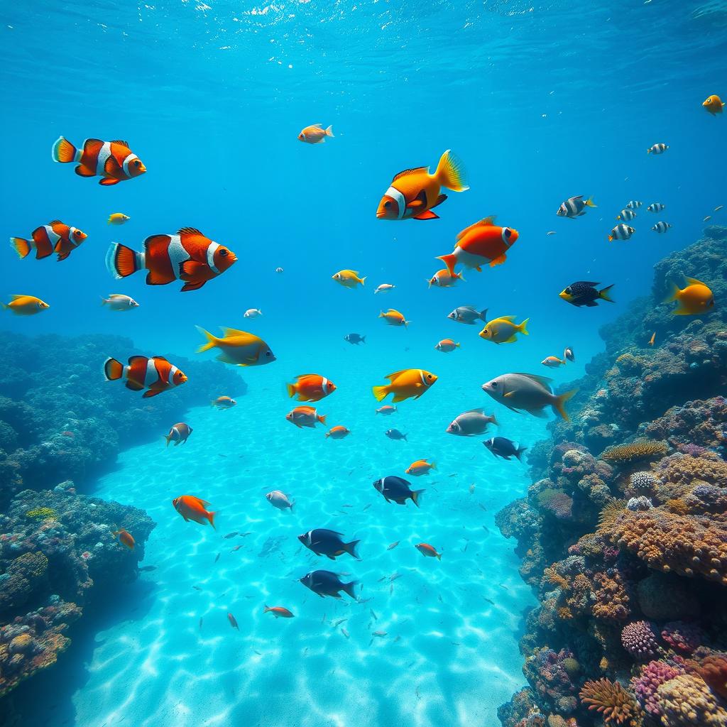 A vibrant underwater scene depicting a diverse array of colorful fish swimming gracefully in a clear blue sea
