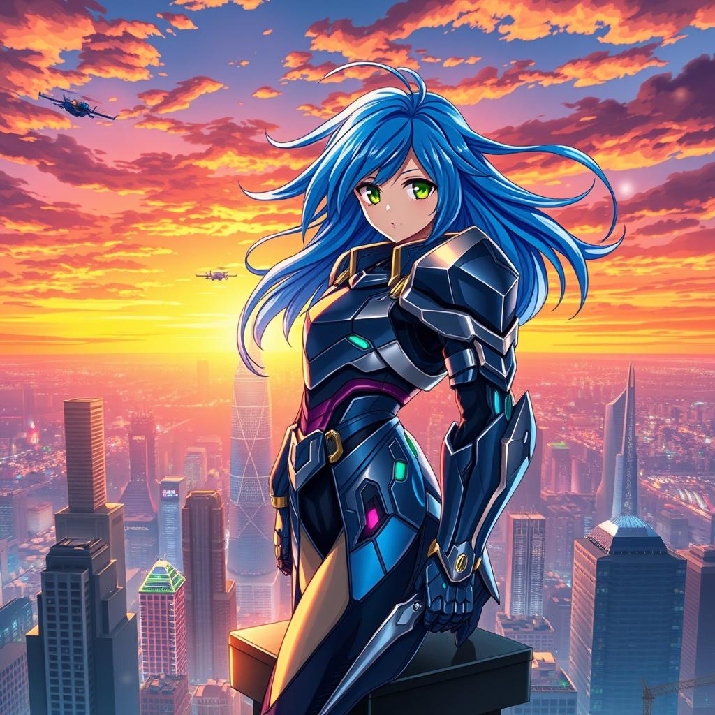 An anime-inspired illustration featuring a heroic character with vibrant blue hair and striking green eyes, dressed in a futuristic armor that glimmers under a neon-lit city skyline