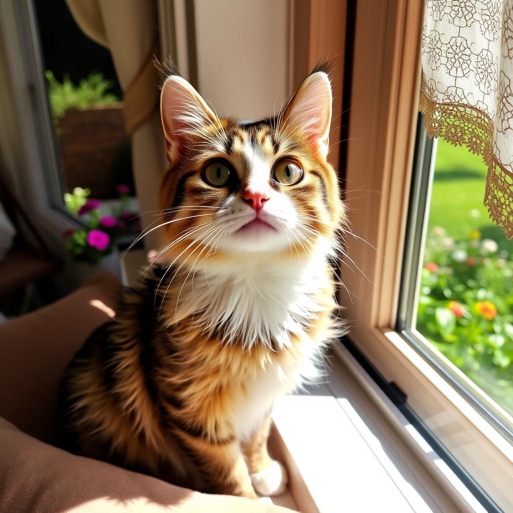 A charming and fluffy cat perched on a windowsill, gazing outside with its big, curious eyes