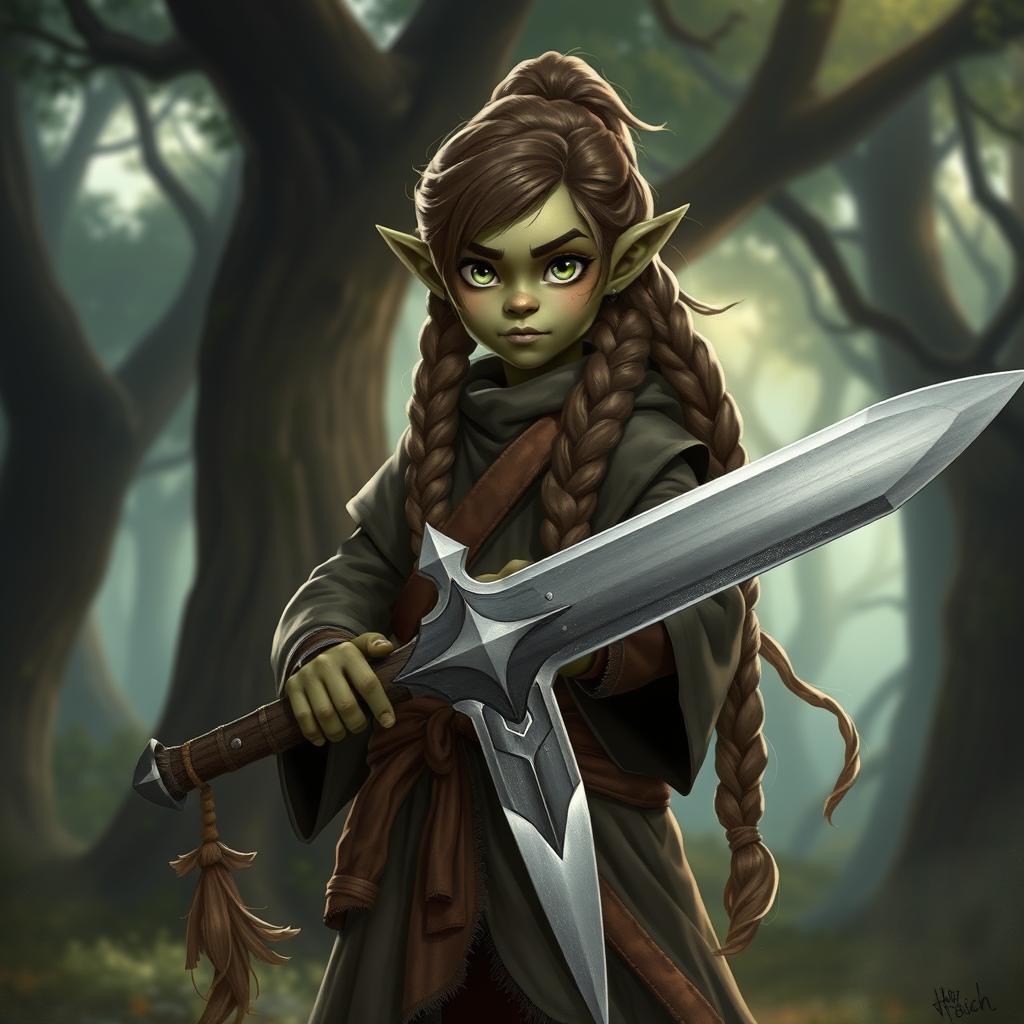 A 10-year-old half-orc girl with a two-meter-long braid in her hands, holding a massive one-meter blade