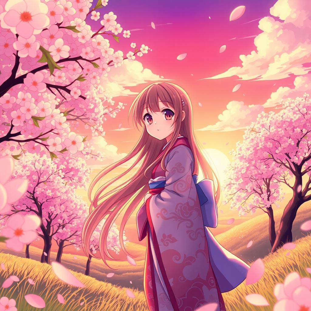 An anime-style illustration featuring a vibrant and fantastical landscape filled with cherry blossom trees swaying gently in the wind