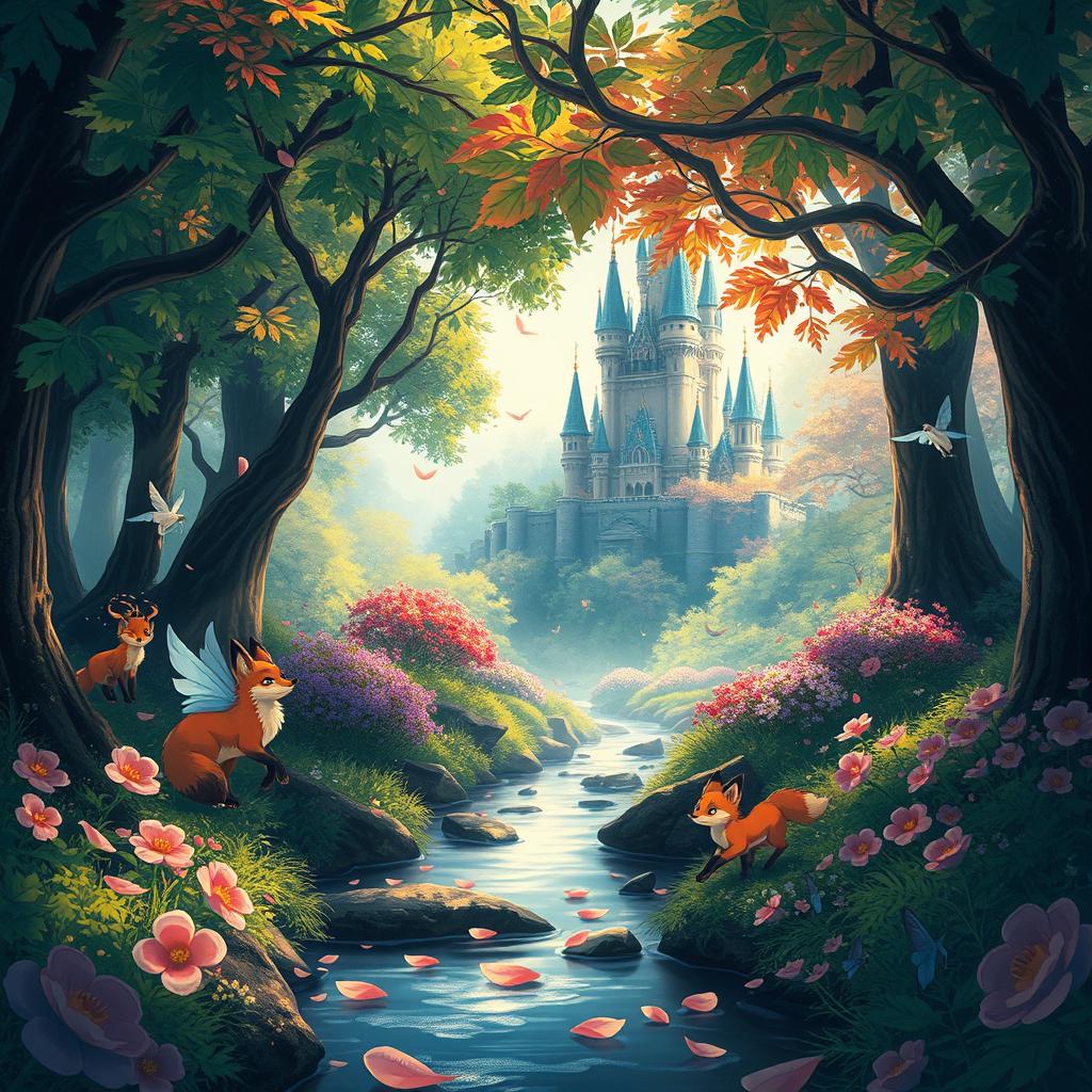 A magical forest scene inspired by Studio Ghibli, featuring whimsical creatures and lush, vibrant foliage