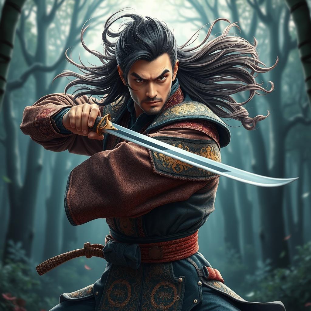 A skillful swordmaster, with a Gammadion fylfot insignia intricately embroidered on his armor, striking a dynamic pose with a katana in hand