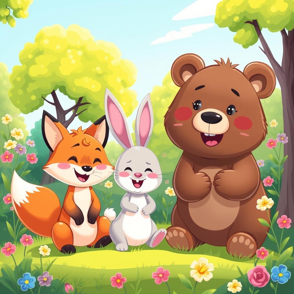 A cute cartoon-style rendering of a lively scene featuring adorable animals in a vibrant, colorful forest