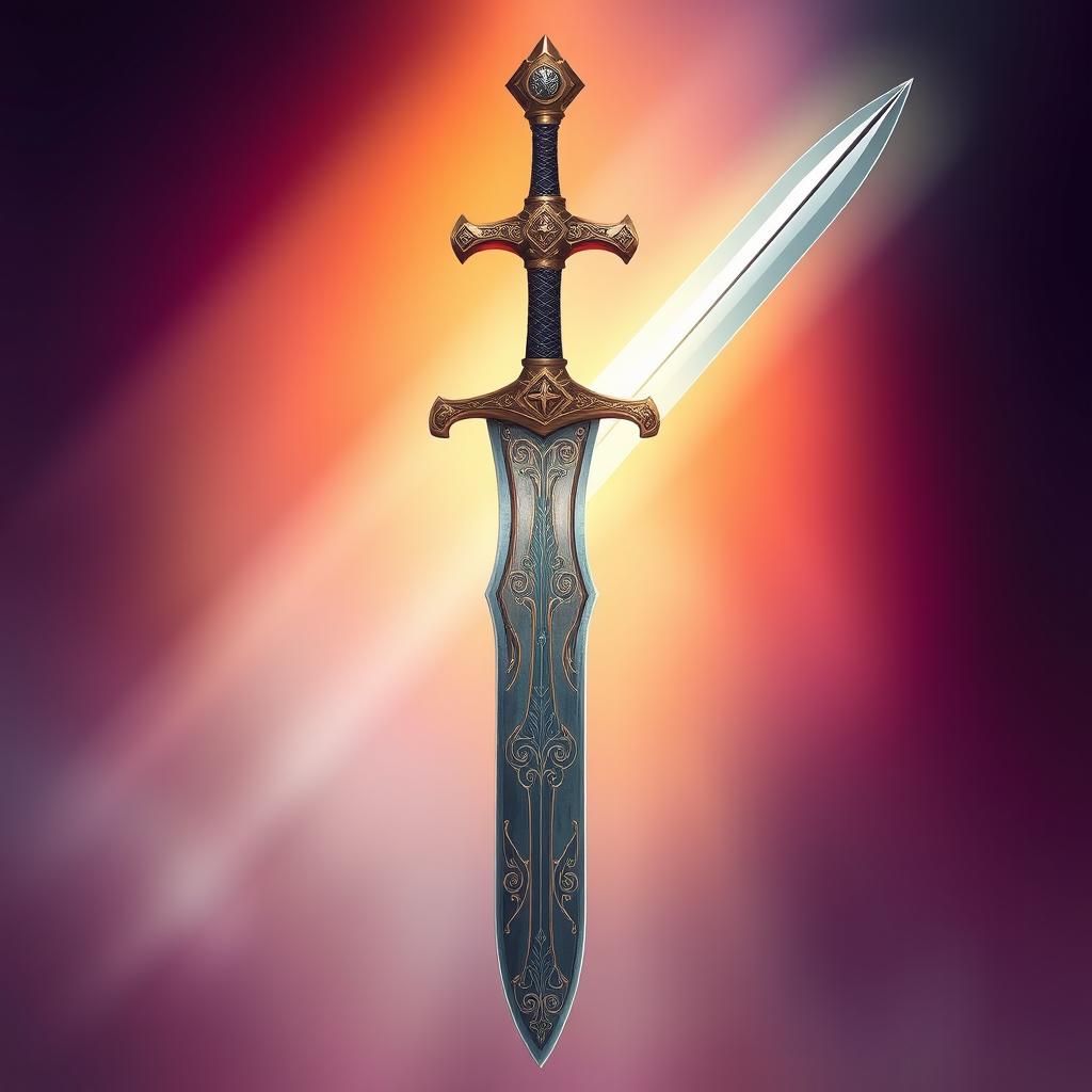 A highly detailed illustration of a gammadion fylfot sword, featuring intricate engravings and ornate designs on the blade and hilt