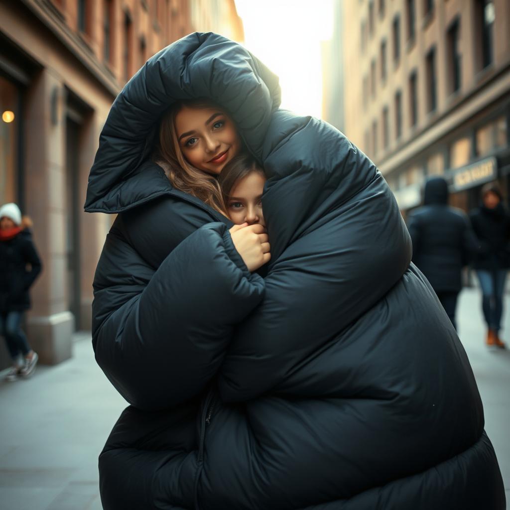 A scene featuring a girl wearing an enormous, very padded, oversized dark gray puffy coat that reaches down to the floor, wrapping around and concealing another girl inside it