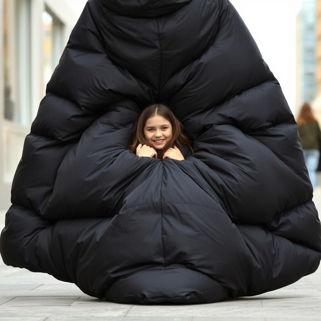 A dark gray oversized puffy coat that reaches the floor, very puffy and filled with insulation, enveloping and hiding another girl inside it