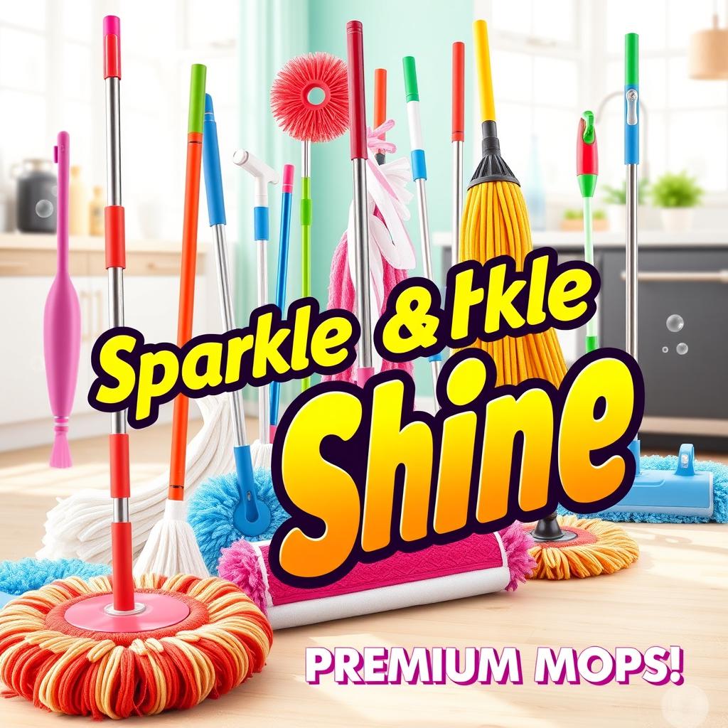 A vibrant and eye-catching poster design featuring a variety of colorful cleaning mops