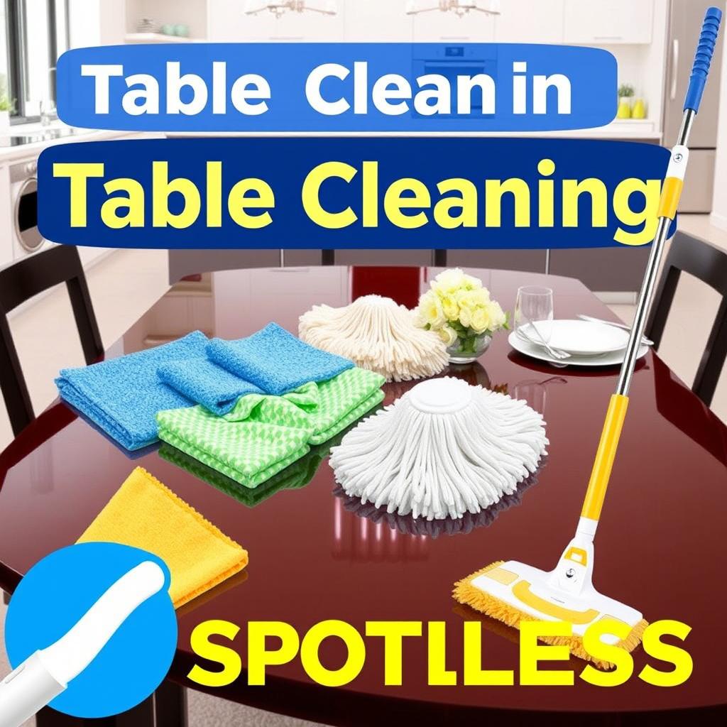 A vibrant and eye-catching poster for a table cleaning product, showcasing various stylish cleaning cloths and mops