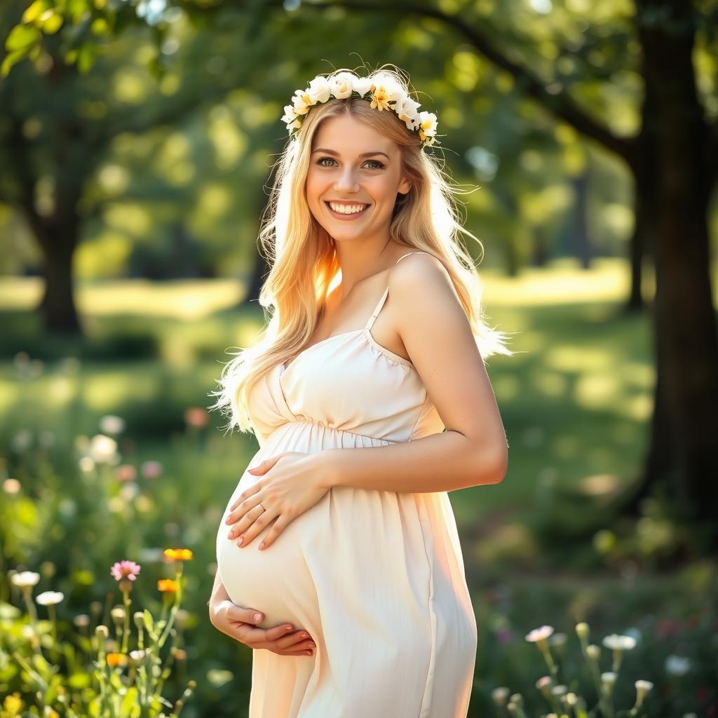 A blonde young woman, 18 years old, with a radiant smile, gently cradling her baby bump with tenderness and joy