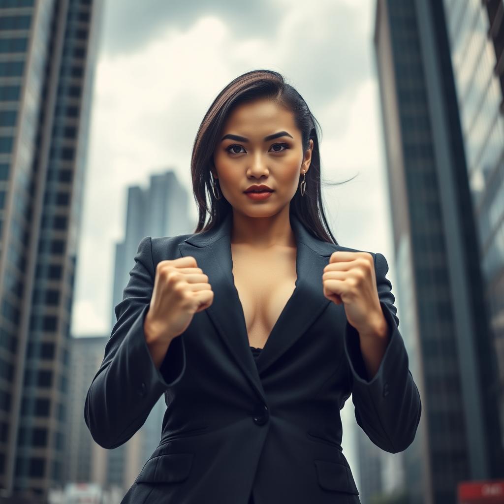 A confidently dominant Asian woman exuding charisma and strength, standing in a powerful pose