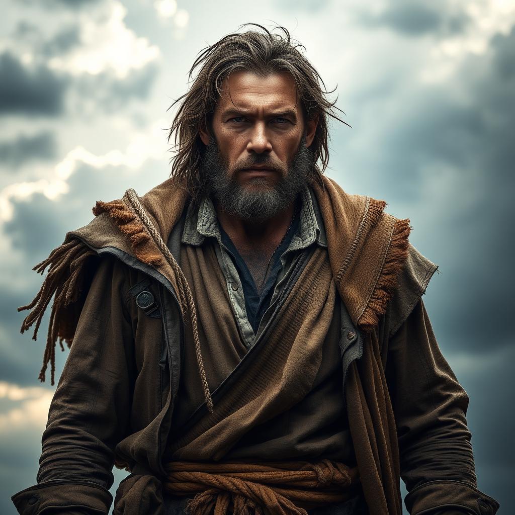 A powerful and evocative image of a man embodying strength and resilience, standing tall in a dramatic pose