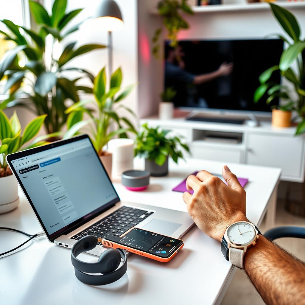 A vibrant and modern scene showcasing various tech and technology equipment essential for everyday life