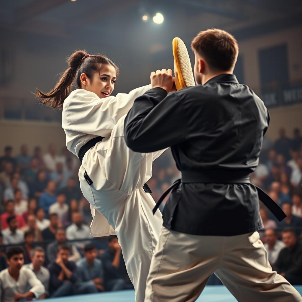 A powerful scene depicting a strong woman confidently defeating a man in a martial arts competition