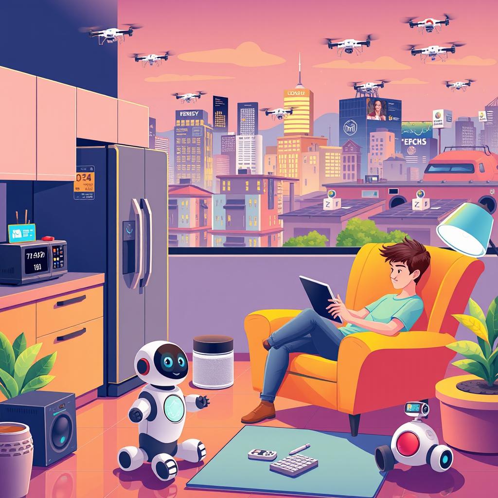 A vibrant and engaging illustration depicting various tech gadgets and technology seamlessly integrated into everyday life