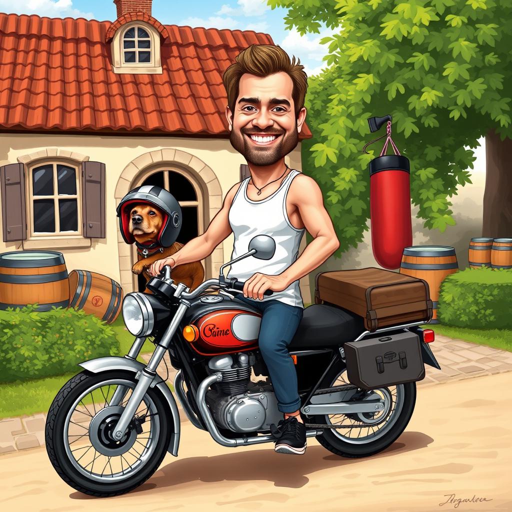 A whimsical caricature set against the backdrop of a charming house, featuring a man sitting confidently on a motorcycle