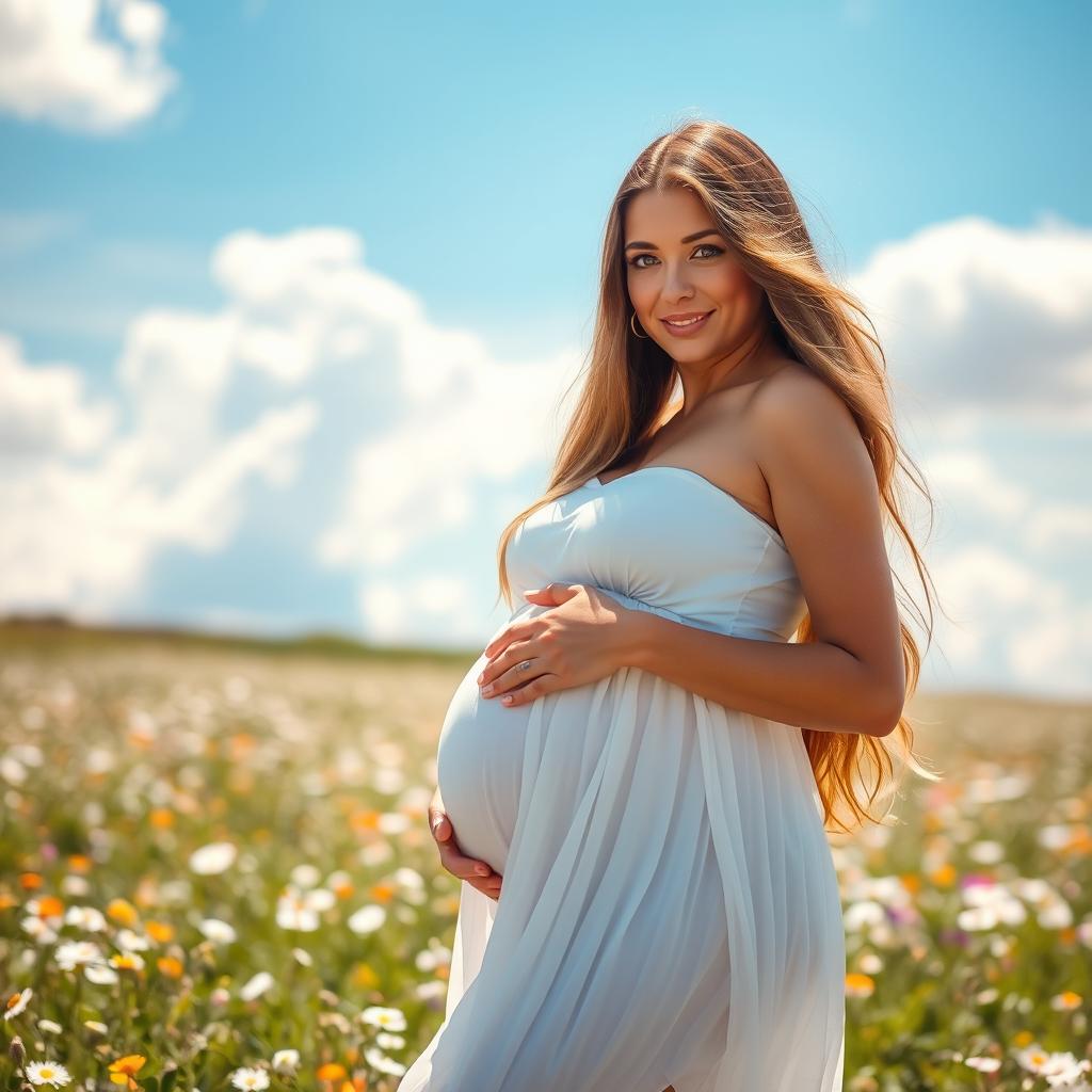 A portrait of a beautiful pregnant woman with long, flowing hair, dressed in a soft, flowing white dress