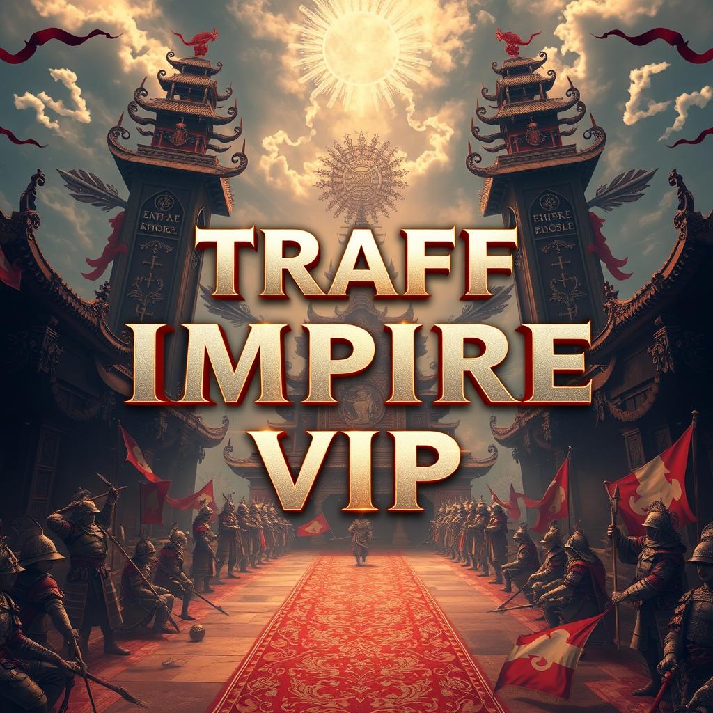 In a detailed 4k quality image, prominently display the text 'TRAFF IMPIRE VIP' in the center, with 'TRAFF' at the top, 'IMPIRE' directly underneath, and 'VIP' at the bottom