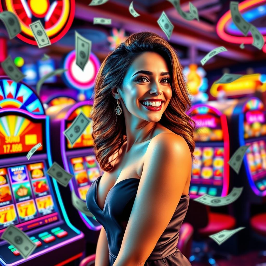 A casino banner sized 1235 x 338 pixels, showcasing vibrant slot machines with bright colors, an attractive woman with a joyful expression, dressed in an elegant outfit, surrounded by floating dollar bills