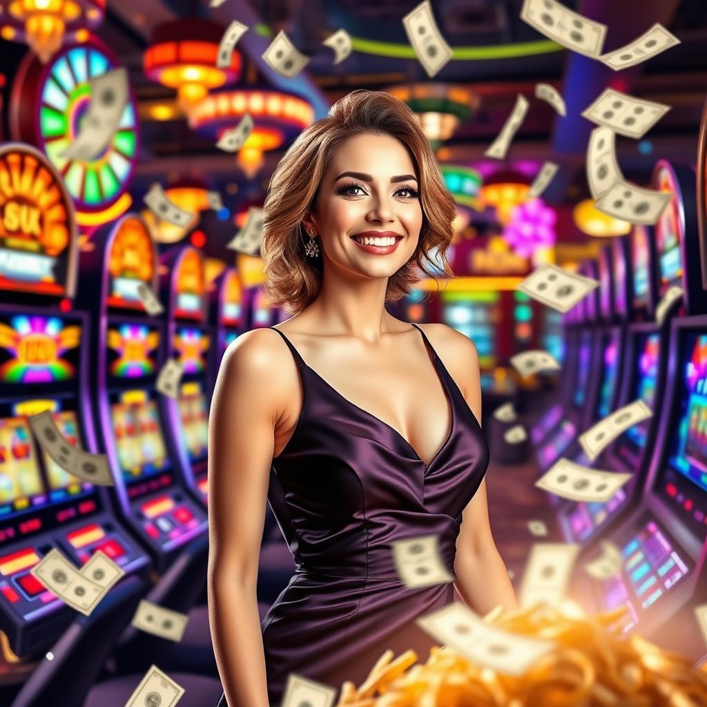 A casino banner sized 1235 x 338 pixels, featuring a dazzling array of colorful slot machines, an attractive woman smiling radiantly and dressed in a stylish evening gown, surrounded by flying dollar bills