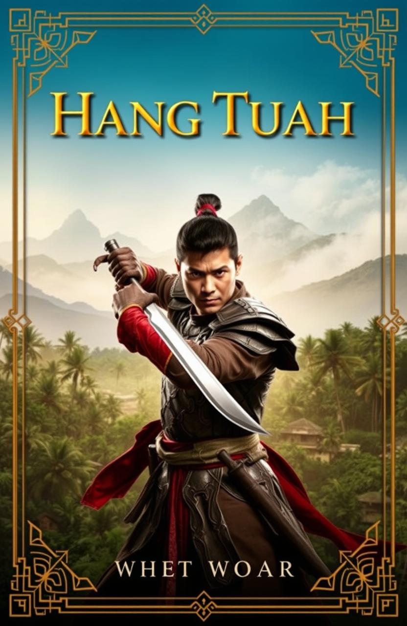 A captivating book cover for 'Hang Tuah', featuring a heroic figure inspired by the legendary Malay warrior Hang Tuah in traditional Malay armor, wielding a kris (dagger) with an expression of determination
