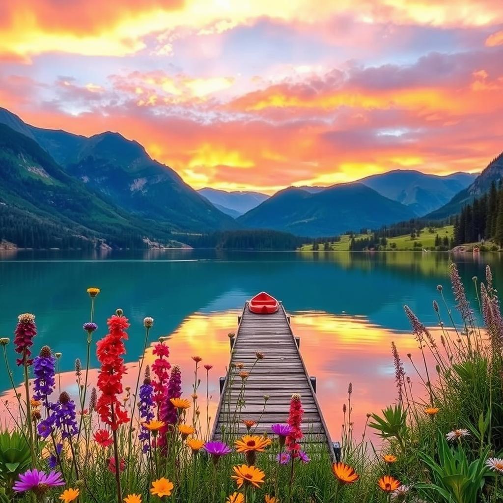 A serene landscape featuring a crystal-clear lake surrounded by lush green mountains during sunset