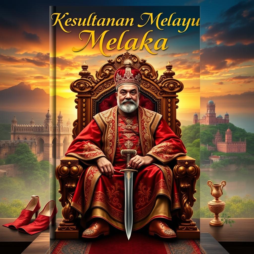 An enchanting book cover for 'Kesultanan Melayu Melaka', depicting the grandeur of the Malacca Sultanate