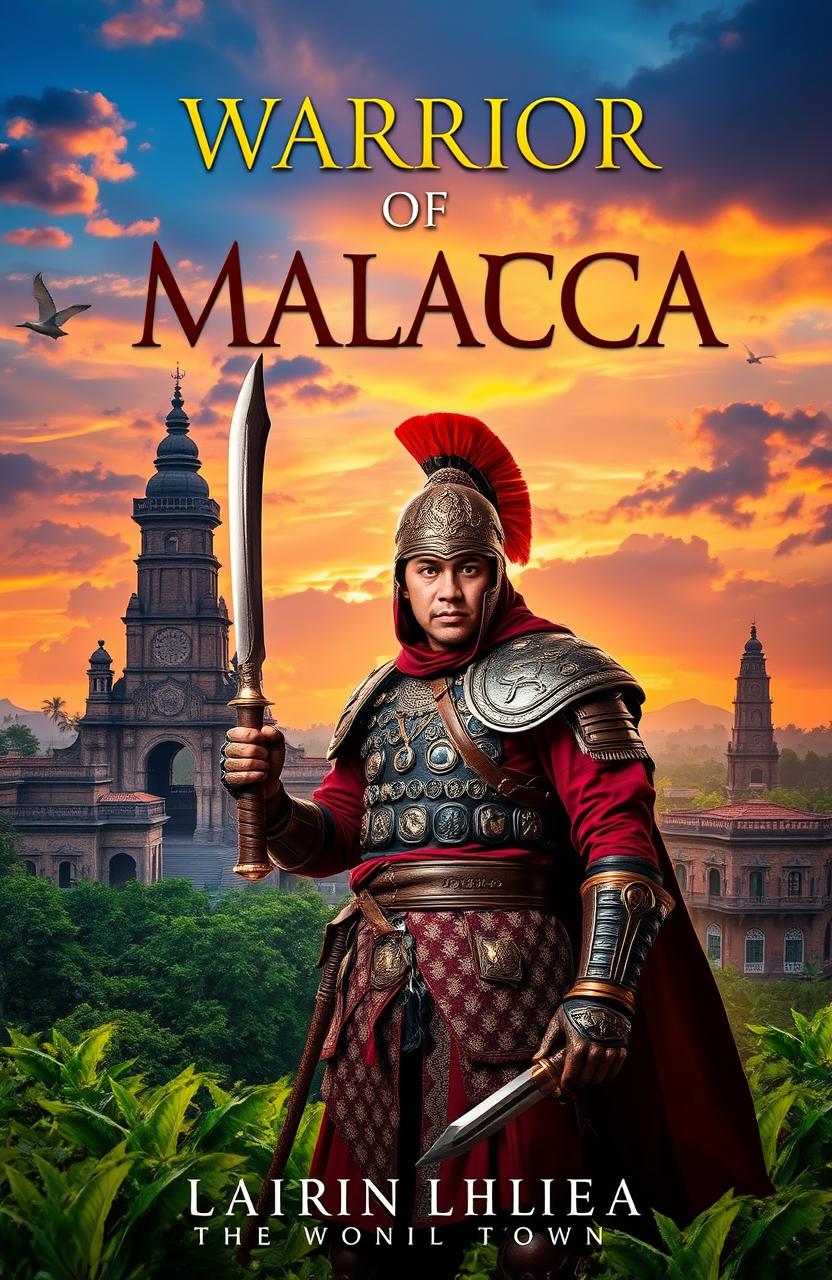 A dramatic and captivating book cover for 'Warrior of Malacca', featuring a heroic figure dressed in traditional Malay warrior attire, adorned with ornate armor and wielding a keris (traditional dagger)