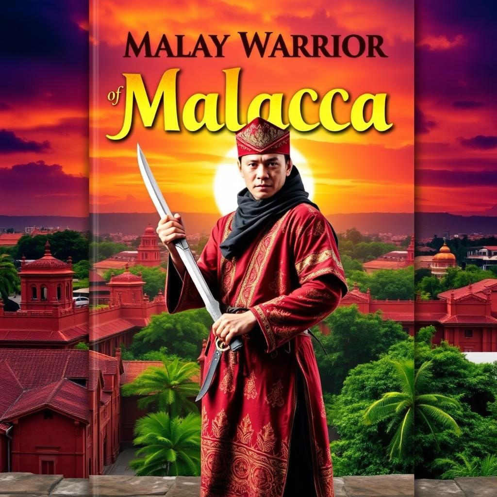 A striking and evocative book cover for 'Malay Warrior of Malacca', showcasing a brave Malay warrior dressed in traditional attire, which includes a colorful baju kurung with intricate patterns and a traditional headgear (tanjak)