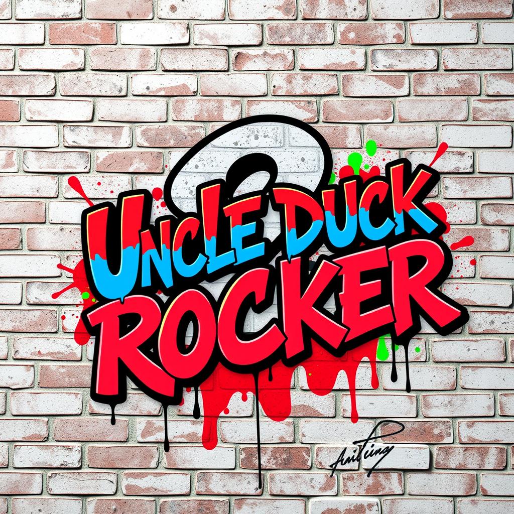 The words 'Uncle Duck Rocker' in bold, colorful graffiti style, splashed on a textured brick wall background
