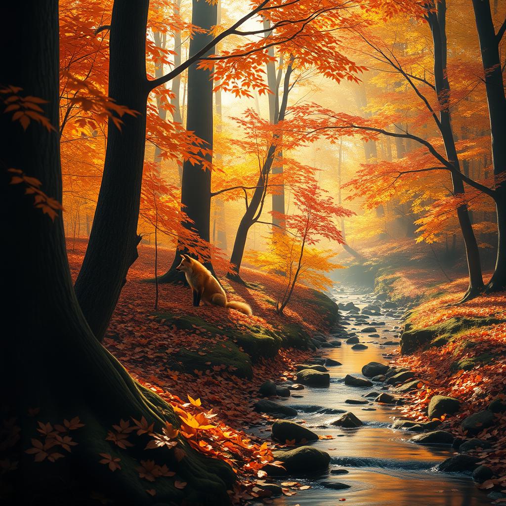 A serene and enchanting forest scene during autumn, showcasing vibrantly colored leaves in shades of orange, red, and yellow