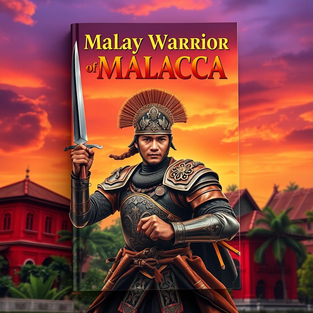 An intriguing and beautifully designed book cover for 'Malay Warrior of Malacca', prominently featuring a valiant Malay warrior in traditional battle attire, complete with ornate armor and a distinctive tanjak (traditional headdress)