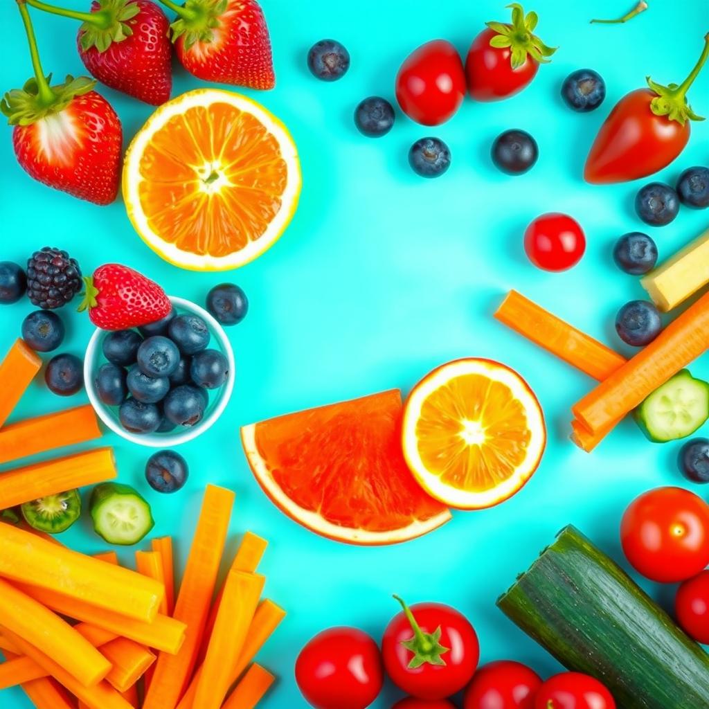 A clean, vertical design featuring an array of fresh and healthy snacks, such as colorful fruits like strawberries, blueberries, and sliced oranges, alongside a variety of vibrant vegetables including carrot sticks, cucumber slices, and cherry tomatoes
