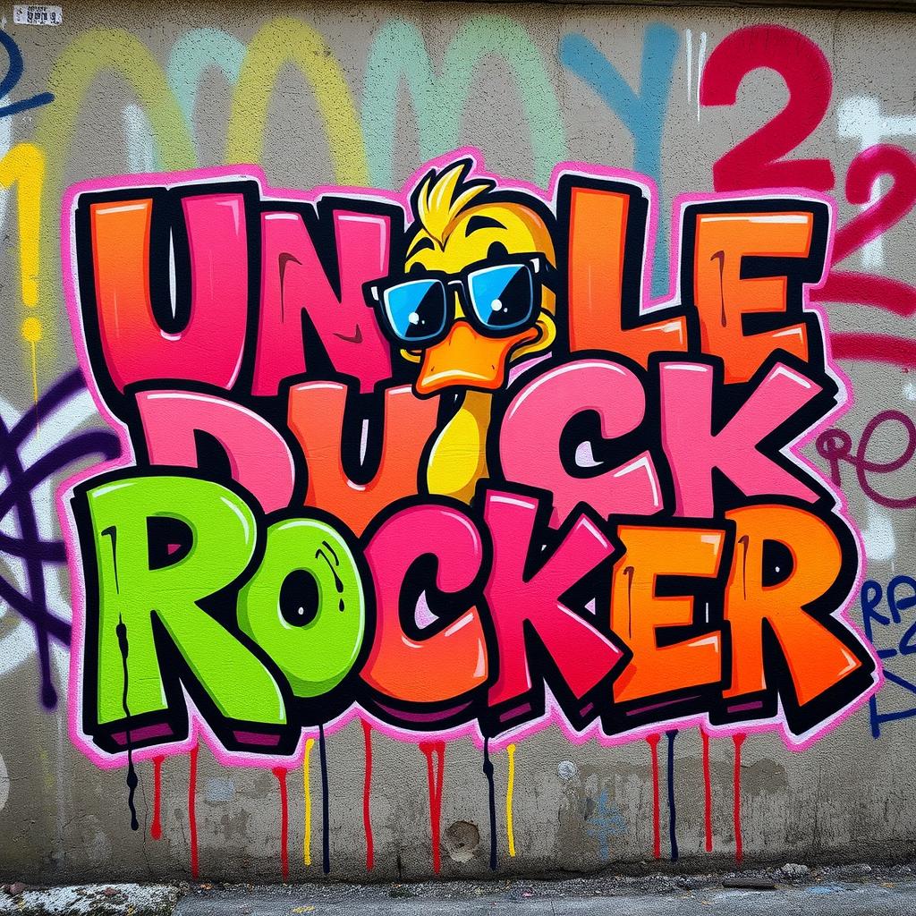 Graffiti art featuring the words 'Uncle Duck Rocker' in bold, colorful letters, with vibrant and playful designs