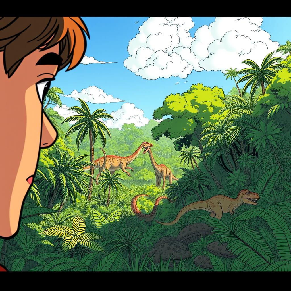 An animation scene in a line art style featuring a dense jungle filled with numerous trees and various dinosaurs peacefully roaming around
