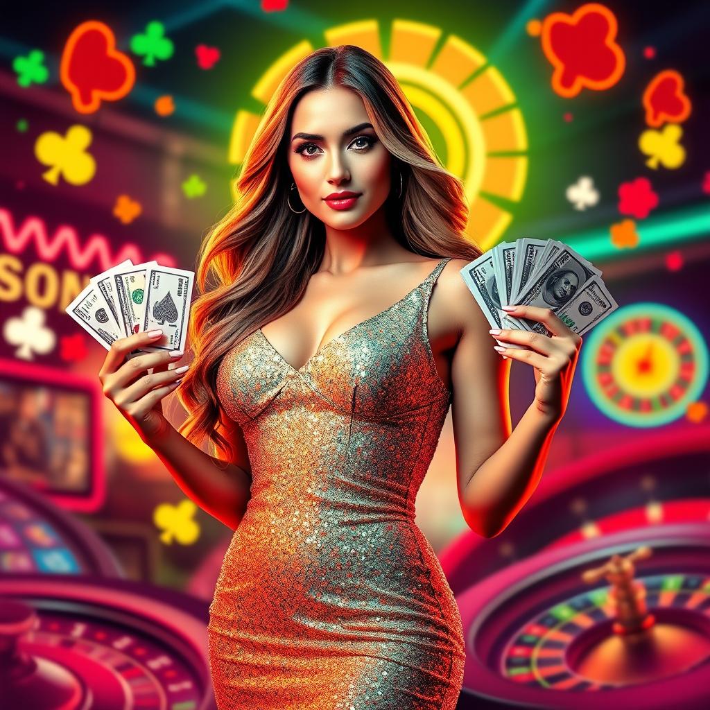 A vibrant casino banner featuring a stunning woman at the center