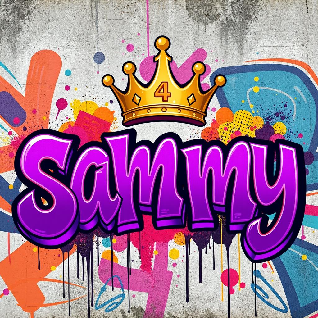 The word 'sammy' depicted in bold, vibrant purple and gold graffiti style, with dynamic, flowing letters that showcase a sense of urban artistry