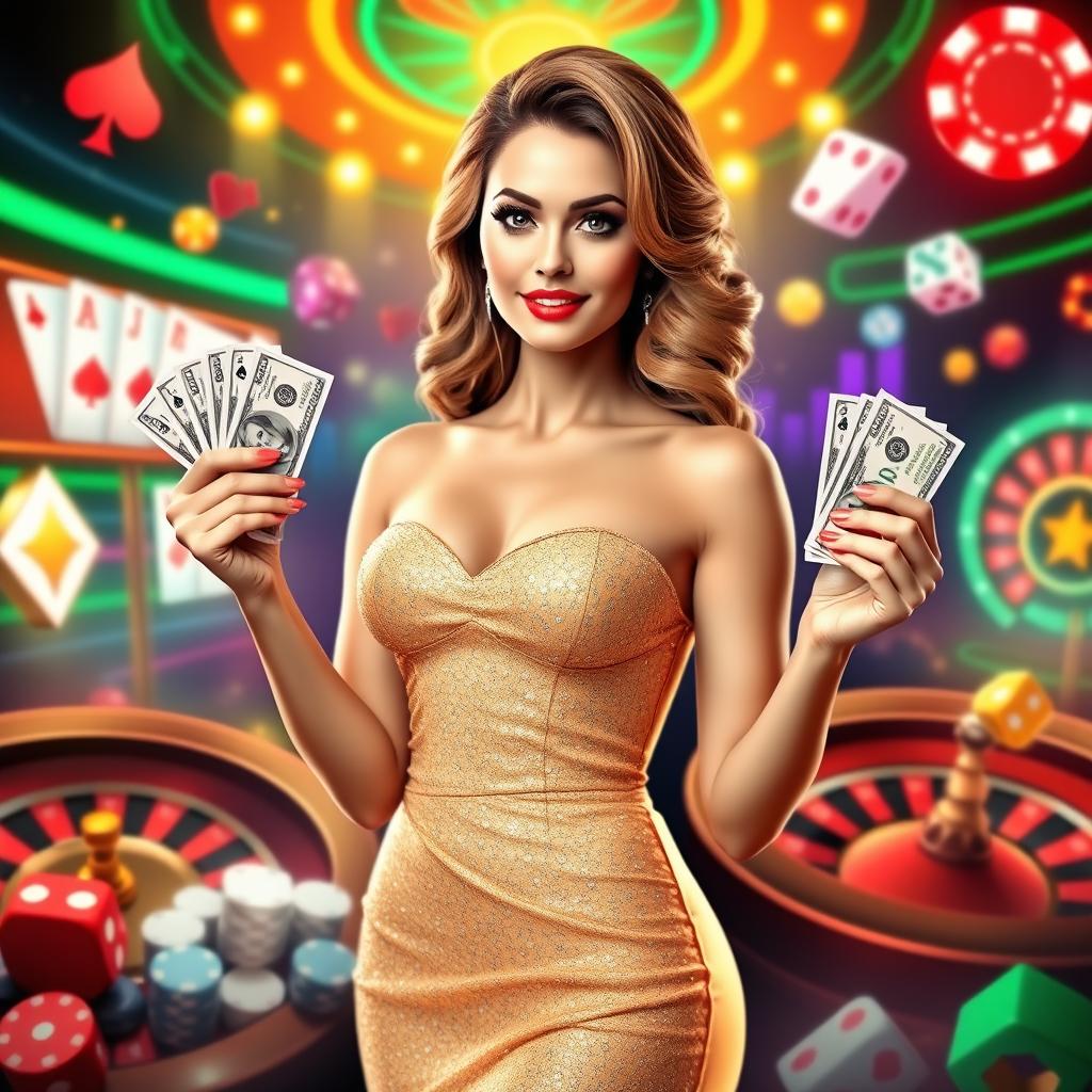 A captivating casino banner featuring a beautiful woman standing at the center