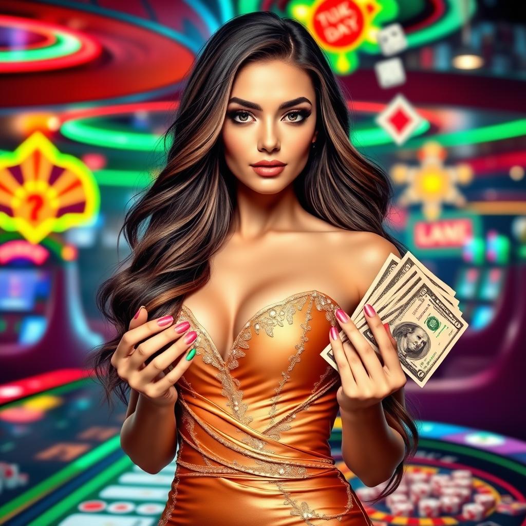 A realistic casino banner featuring a beautiful woman at the center