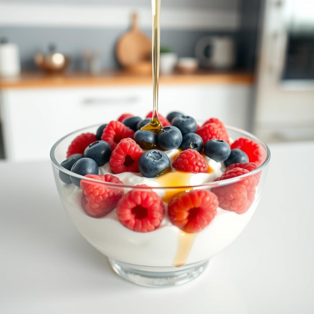 A glass bowl filled with thick Greek yogurt, generously topped with fresh blueberries and raspberries, and drizzled with honey