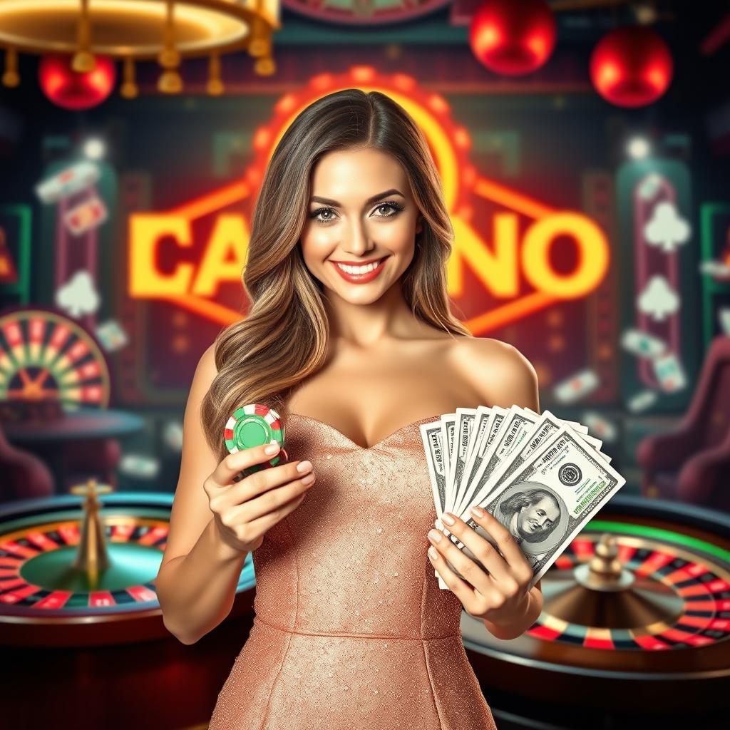 A realistic casino banner featuring a beautiful woman positioned at the center