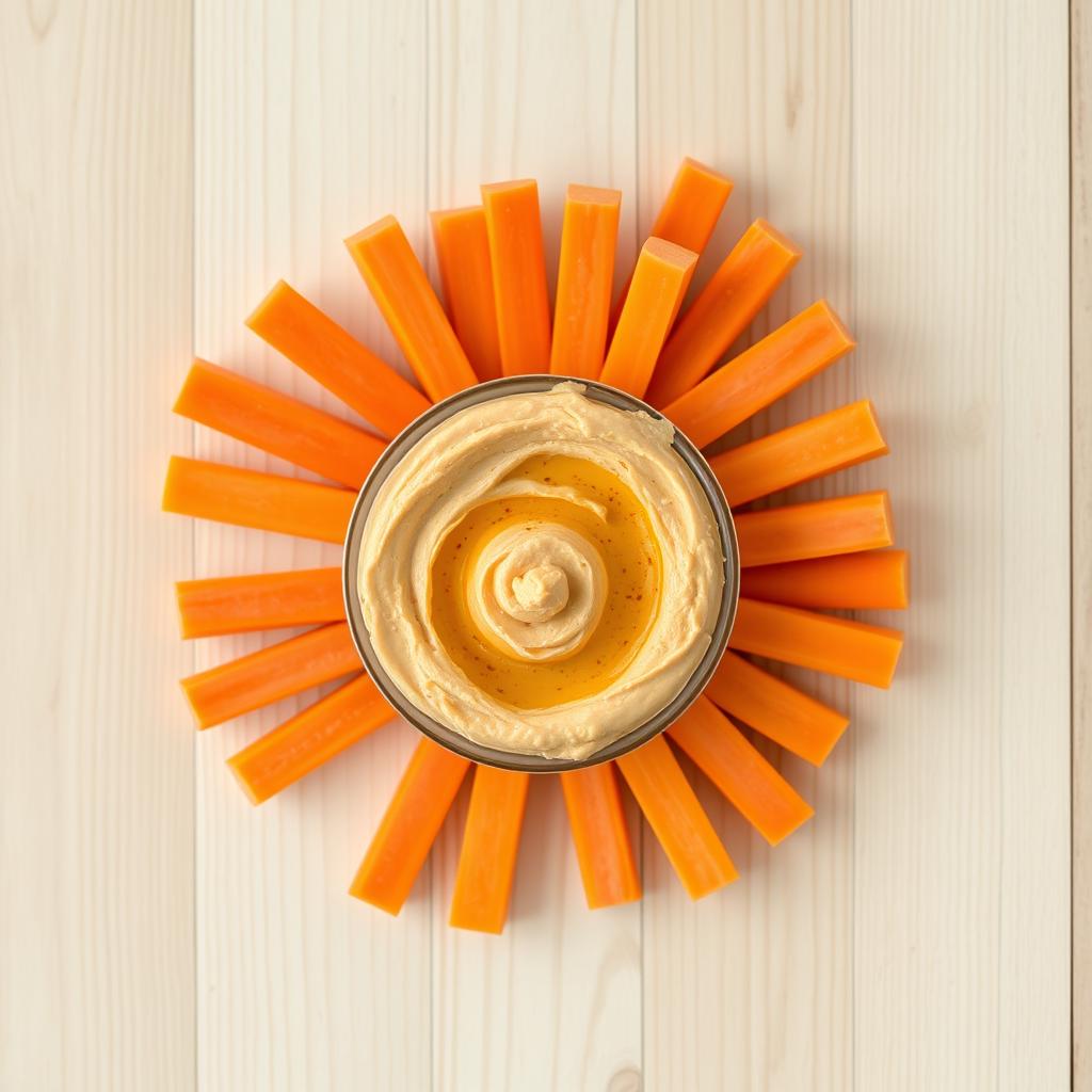 A top view of a small bowl of creamy hummus surrounded by neatly arranged carrot sticks, set on a clean wooden background