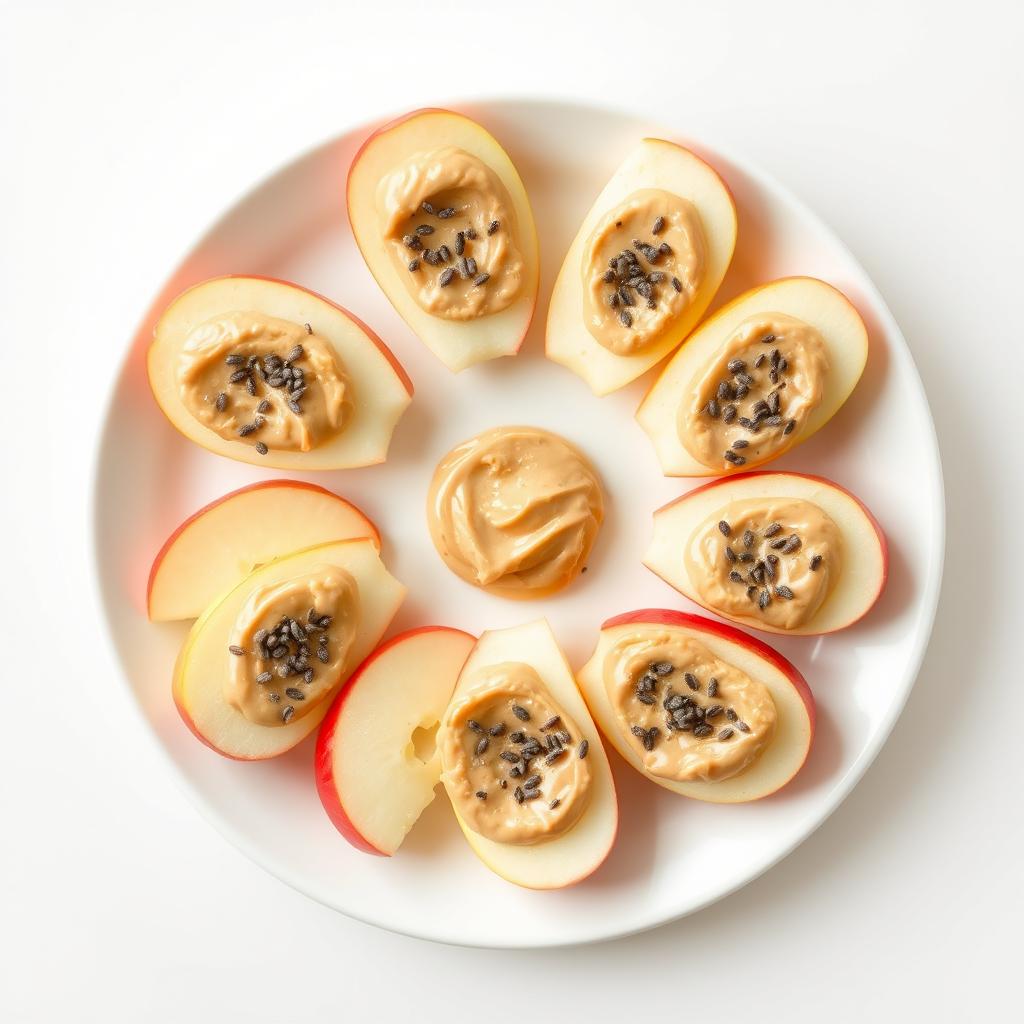 Apple slices arranged neatly in a circle on a clean white plate, each slice topped with a generous layer of creamy peanut butter and sprinkled with tiny chia seeds