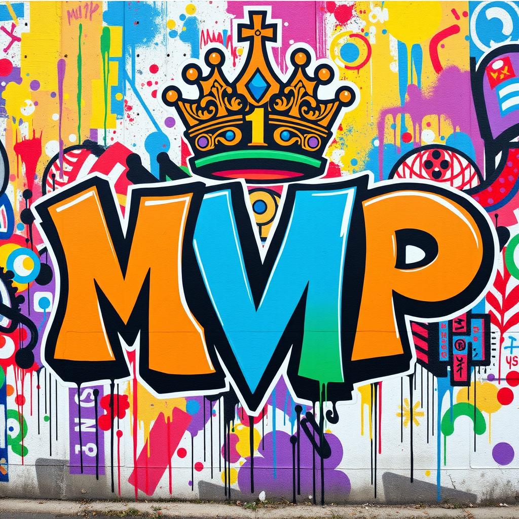 A vibrant graffiti mural featuring the letters 'MVP' artistically designed with bold colors and dynamic shapes