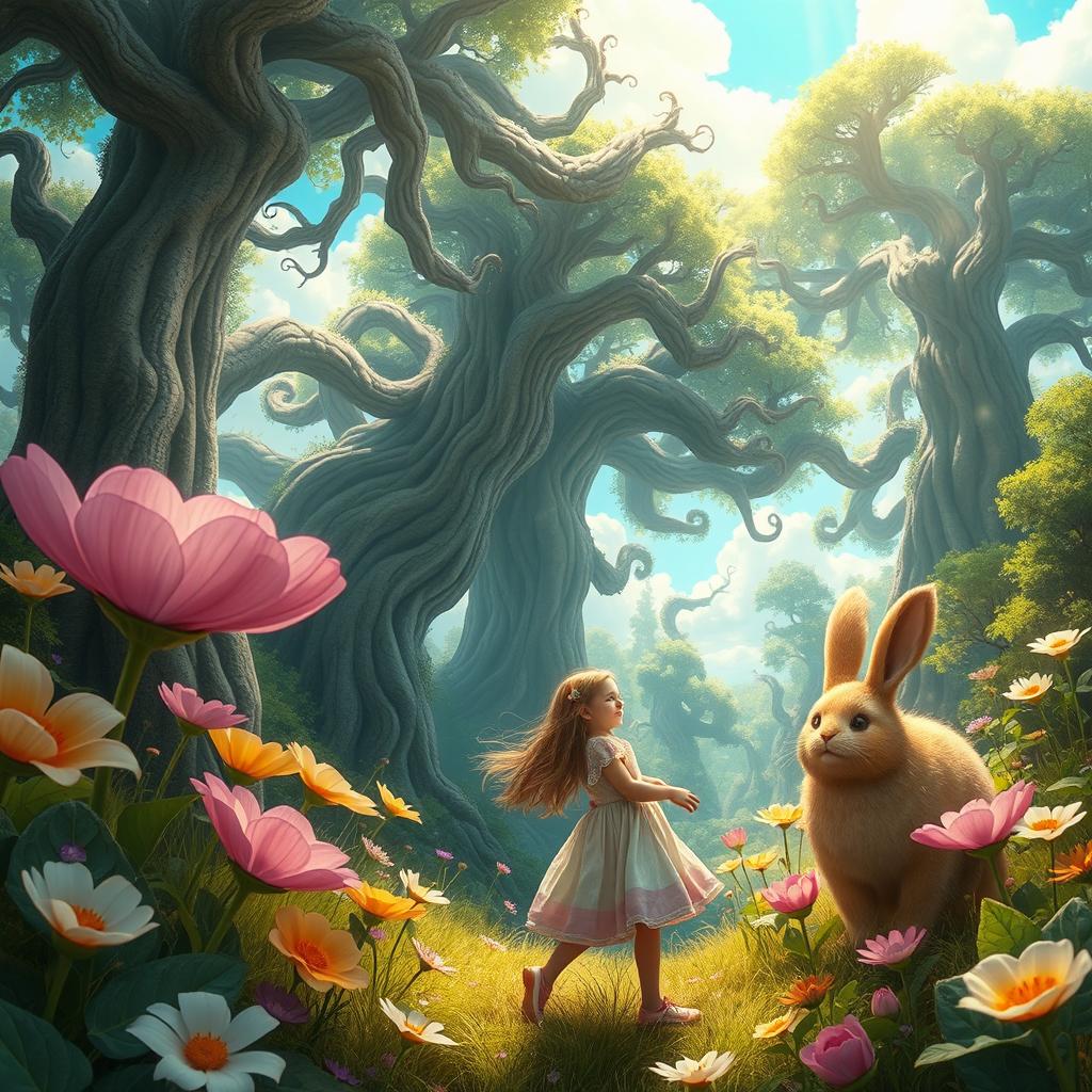 A whimsical, fantastical scene featuring a lush, vibrant forest filled with oversized flowers and magical creatures