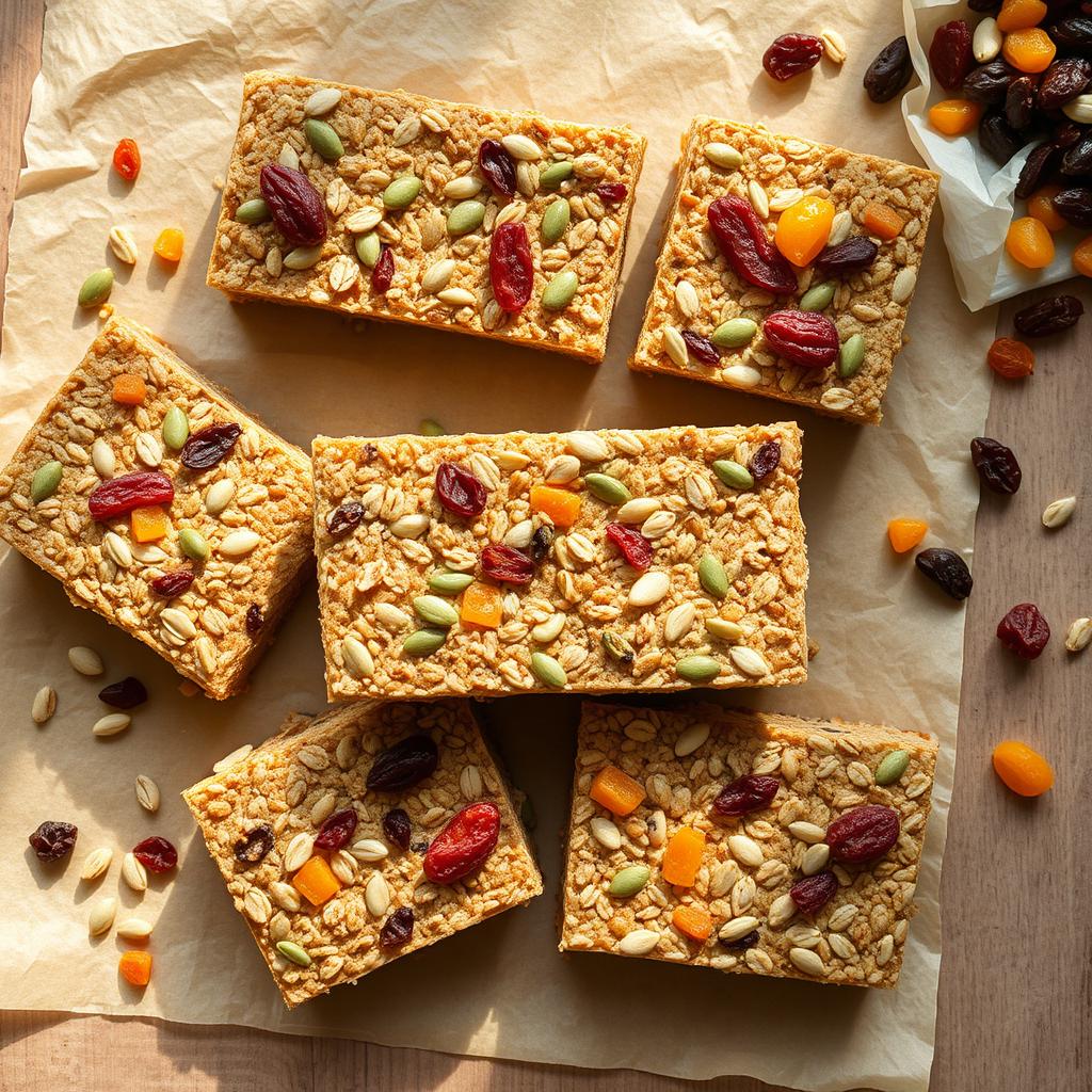 Homemade oat bars beautifully arranged on parchment paper, topped with a variety of seeds like sunflower and pumpkin seeds, and mixed dried fruits such as cranberries, apricots, and raisins